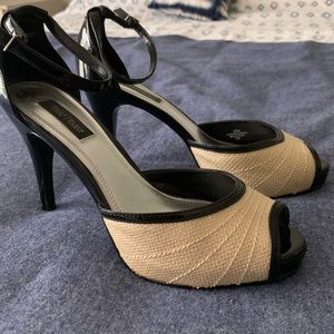 WHBM Black Patent Leather & Straw Peeptoe Heel
